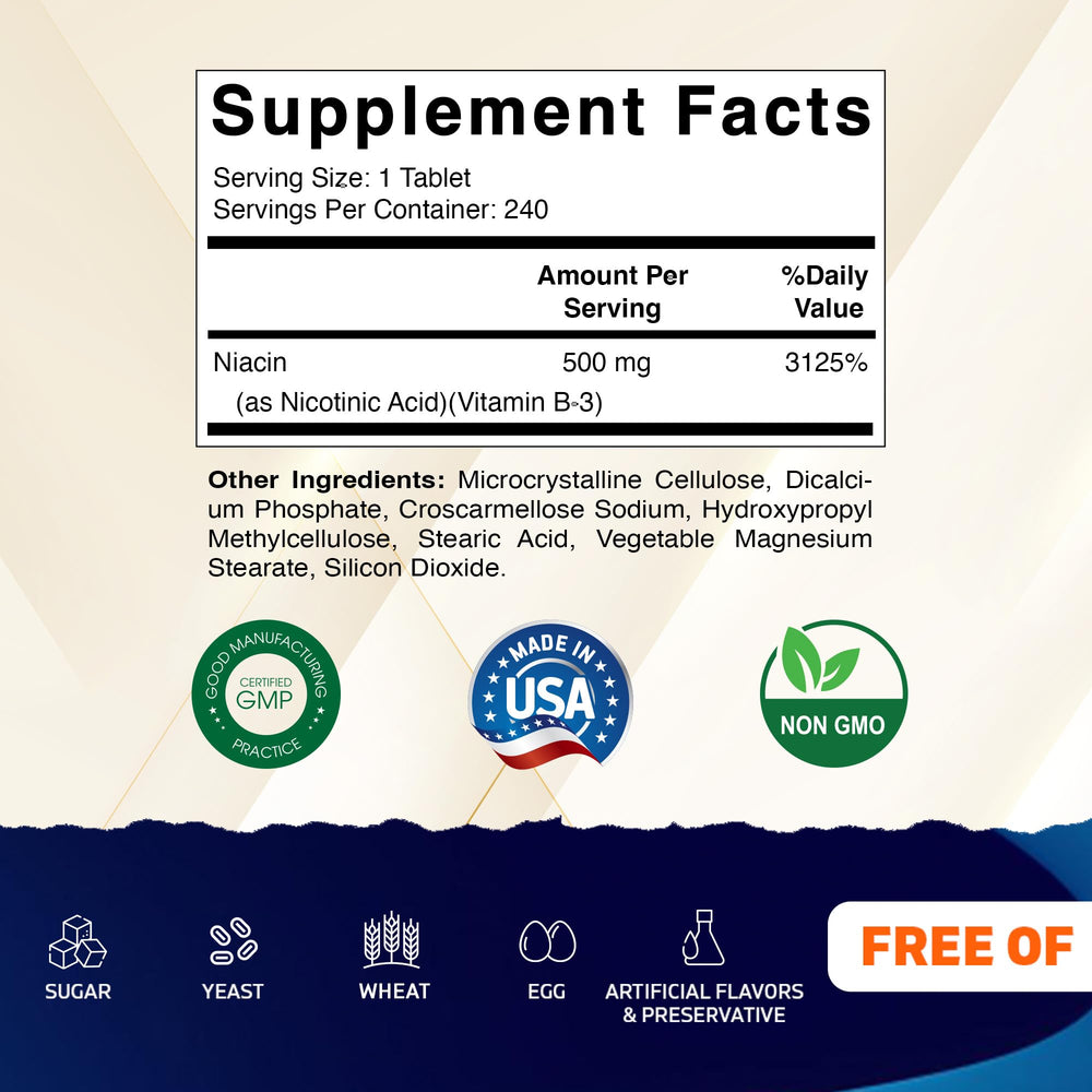 Vitamatic Niacin tablets close-up showing 500 mg dosage and smooth coating.
