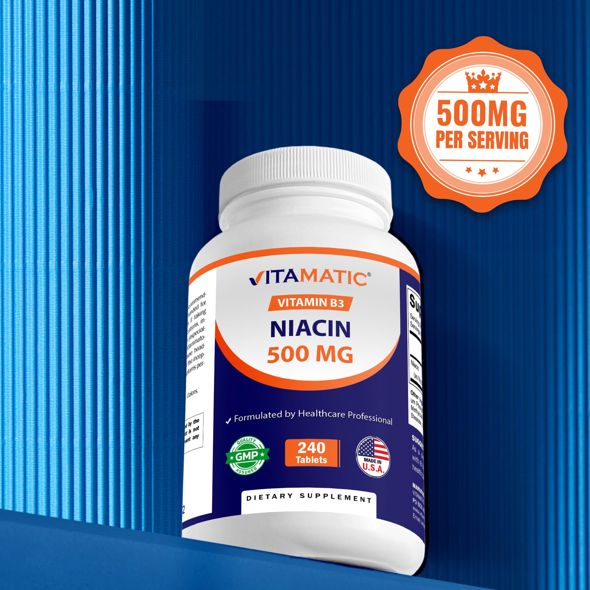 Vitamatic Niacin bottle with a glass of water for easy daily dosing.