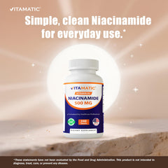Closeup of Vitamatic Niacinamide label showing USA manufacturing and GMP standards