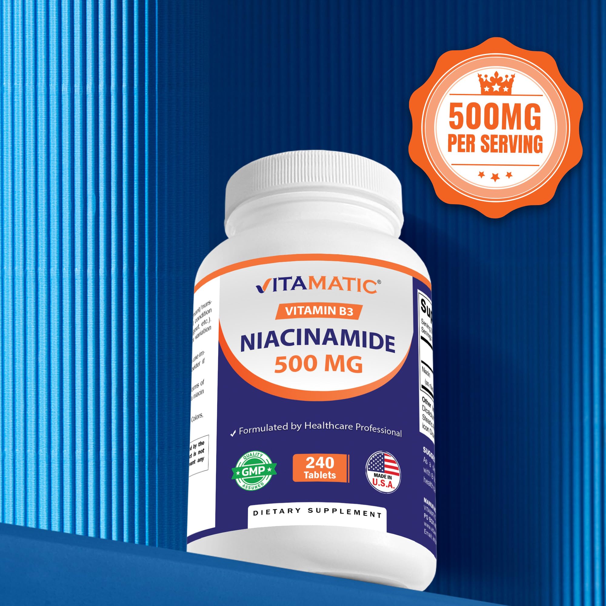 Two-pack Vitamatic Niacinamide bottle emphasizes value and routine use