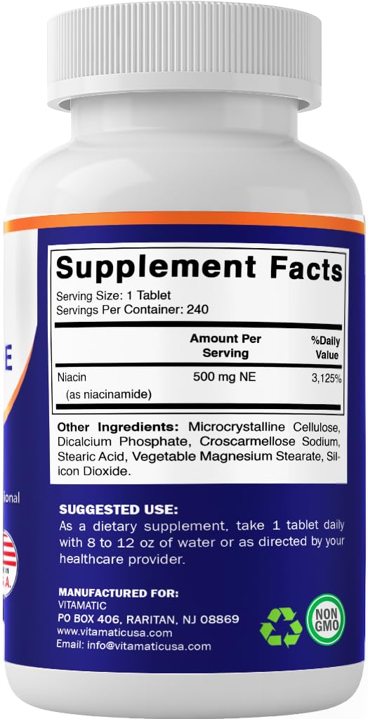 Tablets arranged on a dish behind Vitamatic Niacinamide bottle