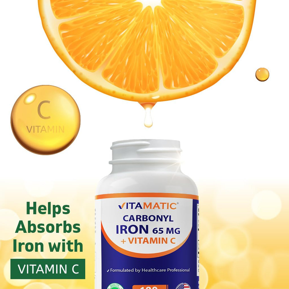 Vitamatic labeling shows non-GMO, gluten-free, dairy-free, and sugar-free icons on bottle.
