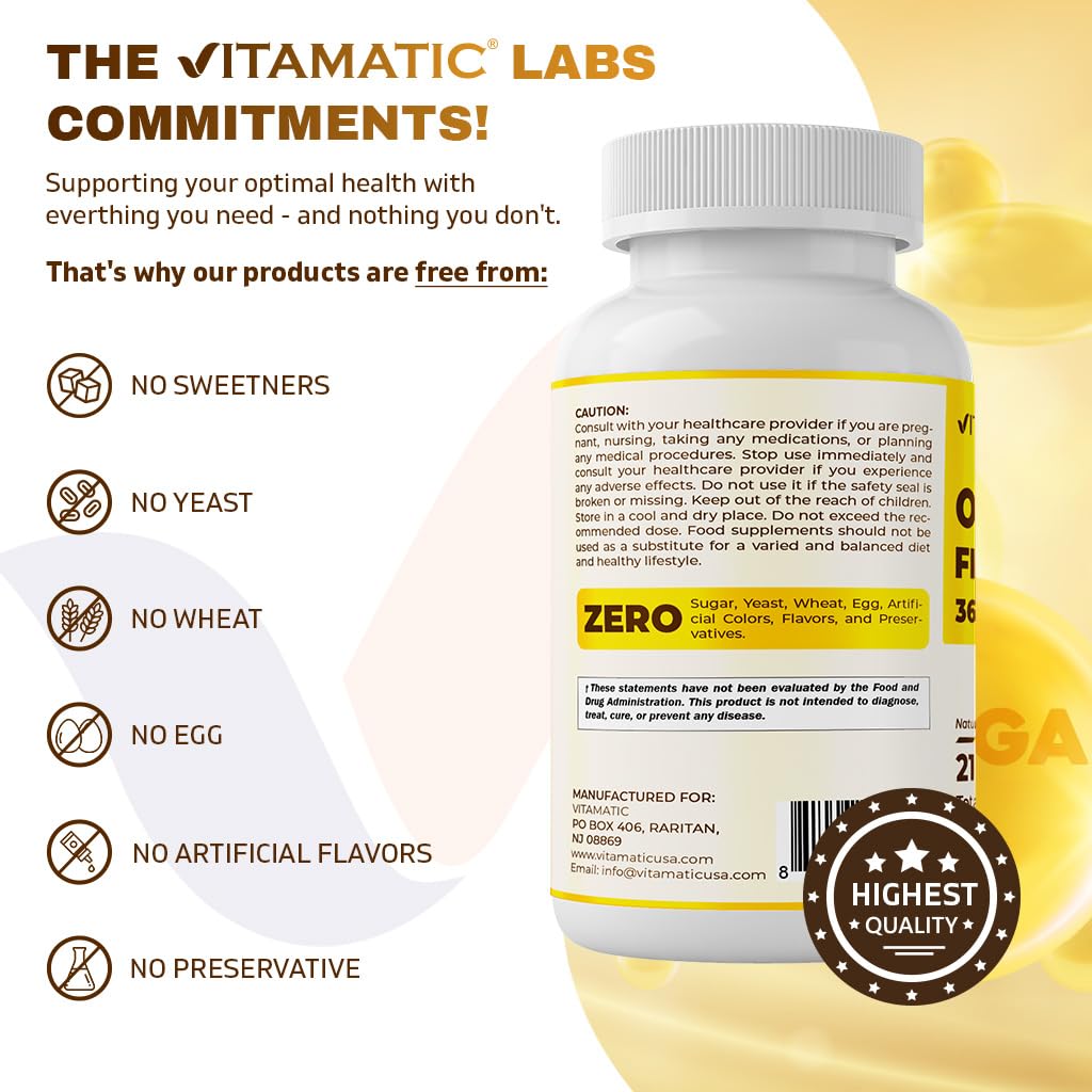 Vitamatic Omega-3 lemon flavor label highlights purity and potency.