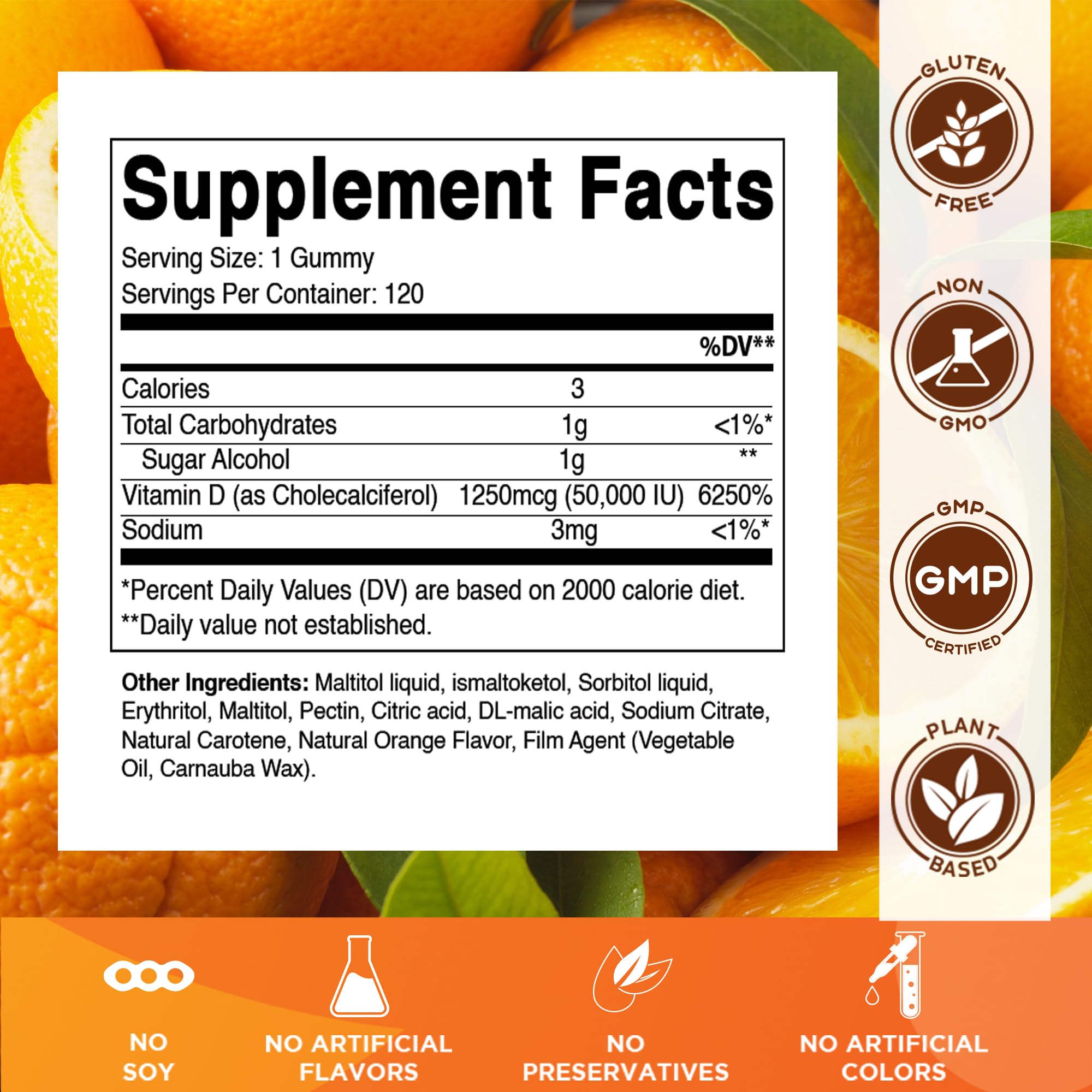 Vitamatic orange-flavored D3 gummies highlighting delicious taste and ease of use.