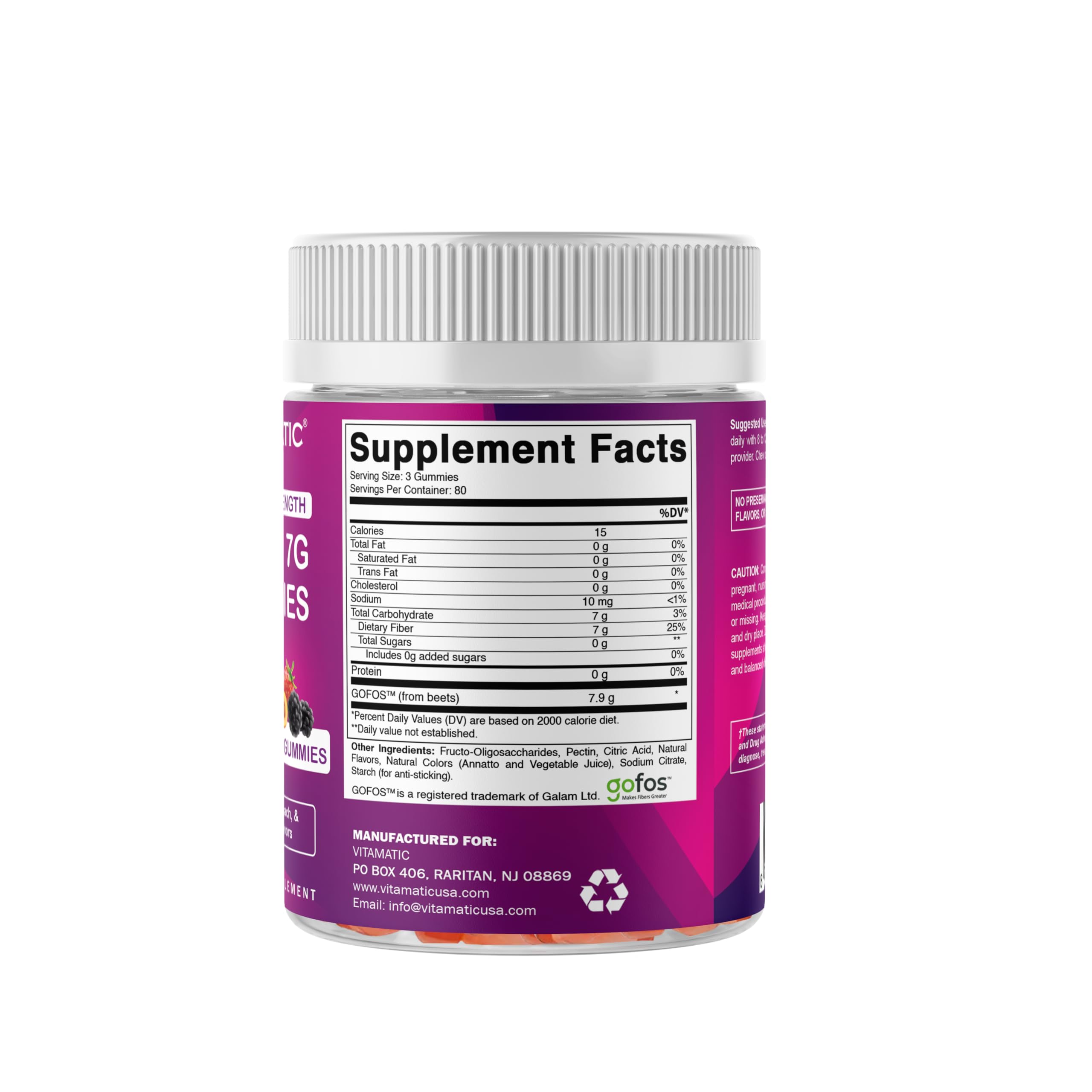 Vitamatic prebiotic fiber gummies ingredients panel shows clean formula.