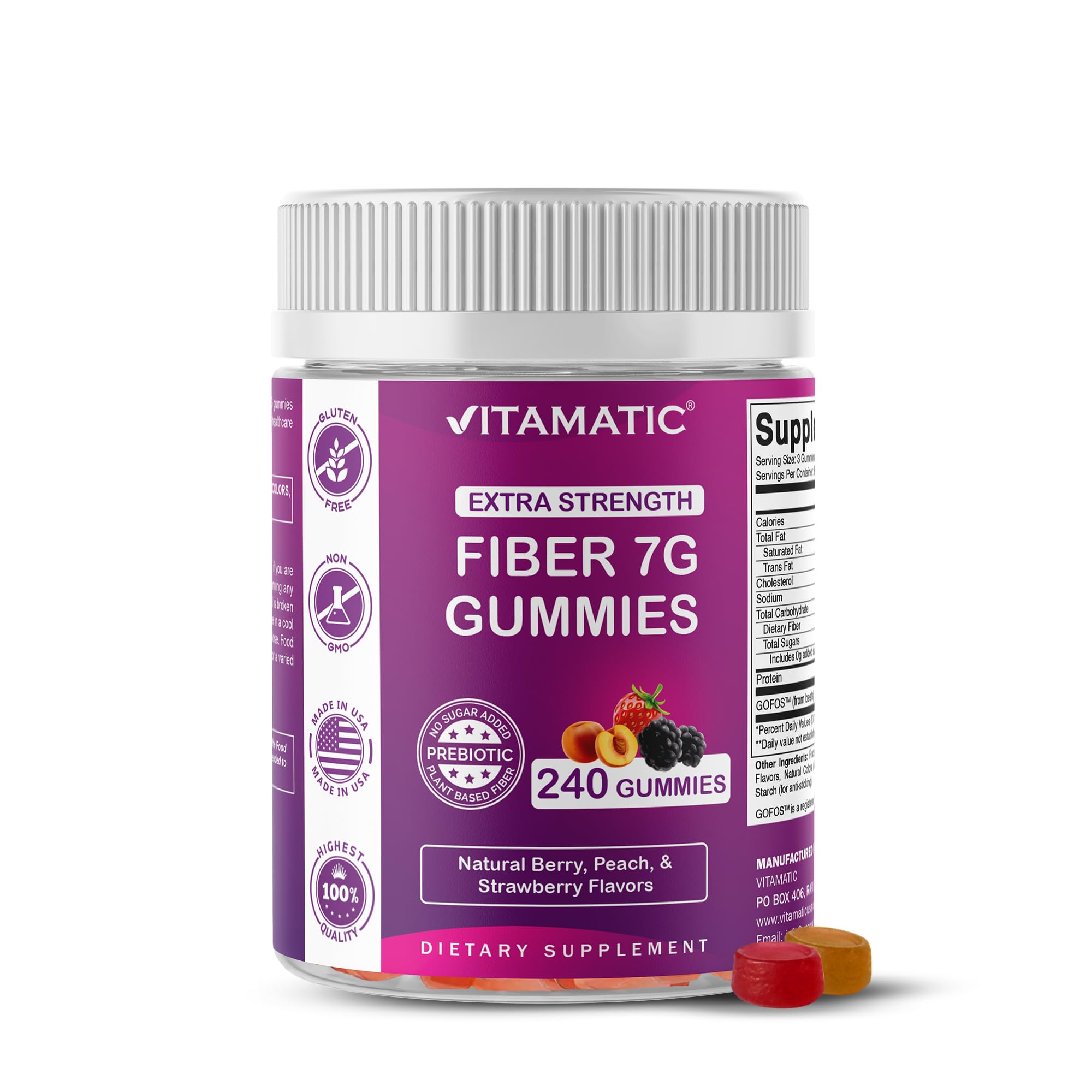 Vitamatic prebiotic fiber gummies bottle close-up supporting digestive health.