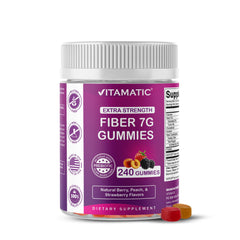 Vitamatic prebiotic fiber gummies bottle close-up supporting digestive health.