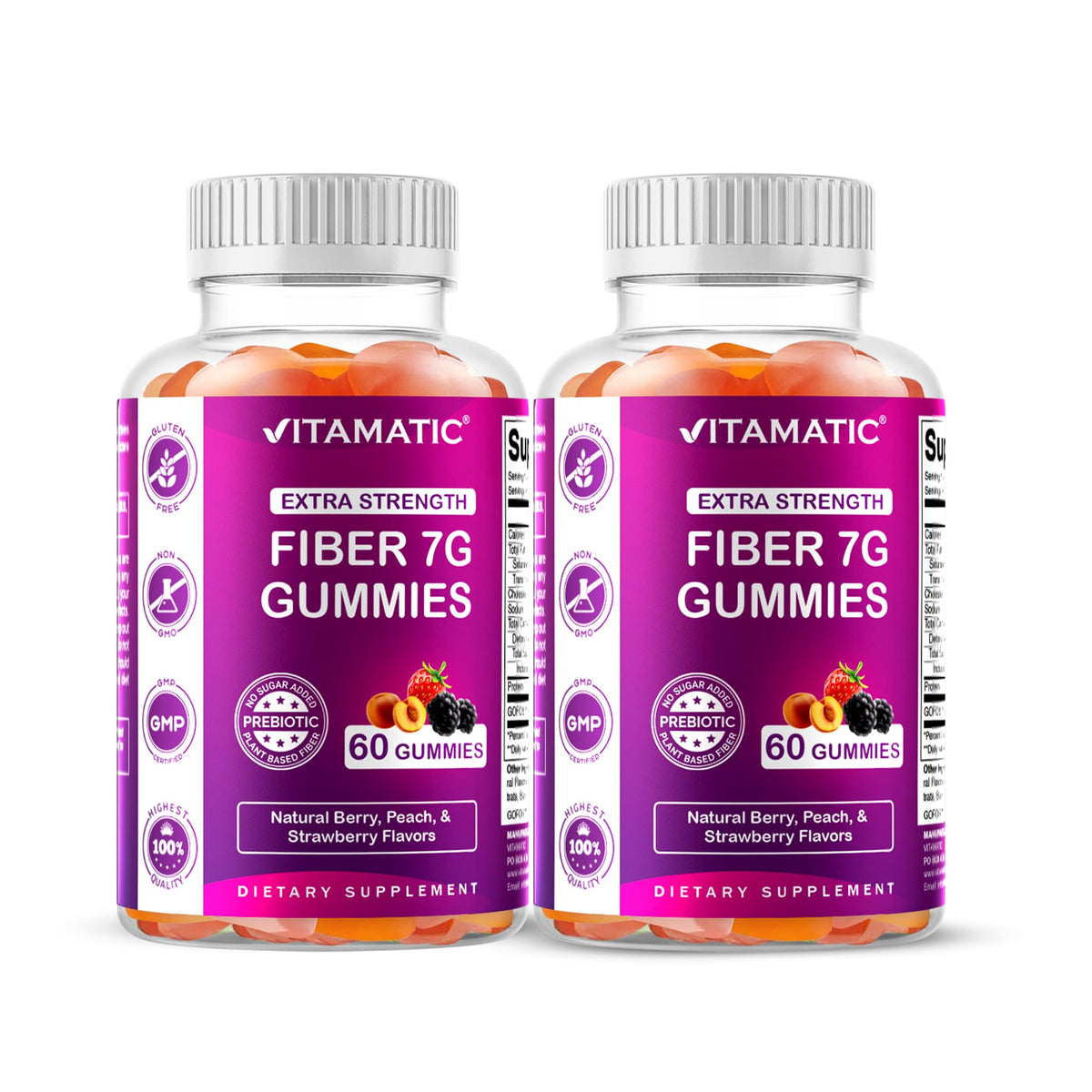 Vitamatic Prebiotic Fiber Gummies bottle front showing 7g fiber per serving for healthy digestion