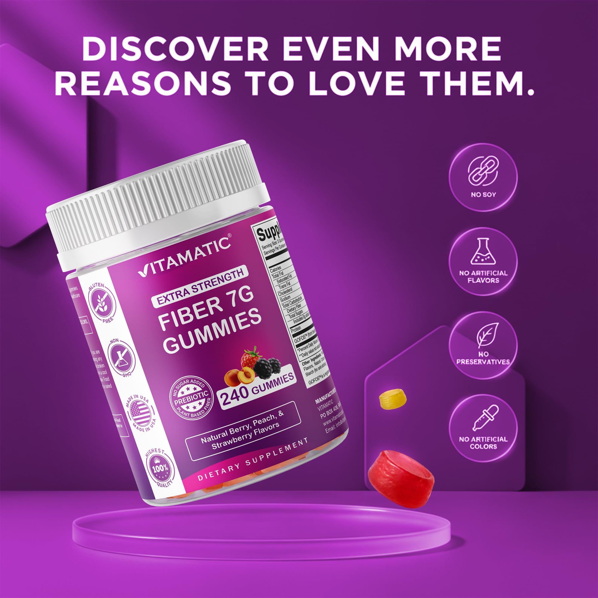Vitamatic bottle tilted view emphasizes easy daily fiber routine.