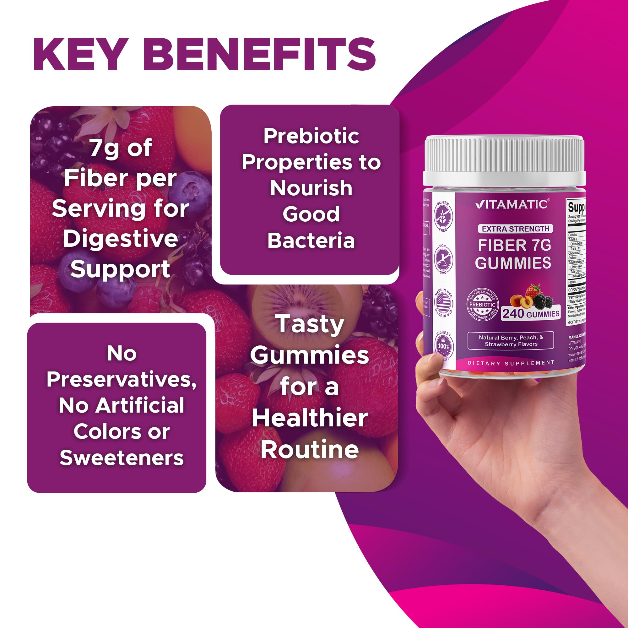 Vitamatic gummies beside a glass, suggesting convenient fiber intake.