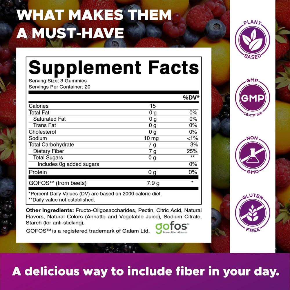 Vitamatic Prebiotic Fiber Gummies flavor swatch shows blackberry, peach, and strawberry