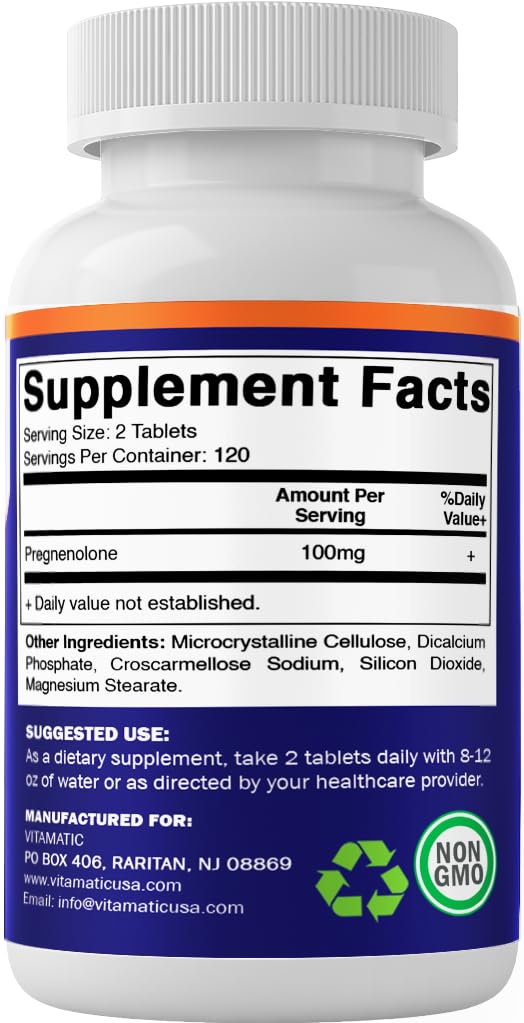 Vitamatic Pregnenolone bottle opened to reveal two-tablet serving