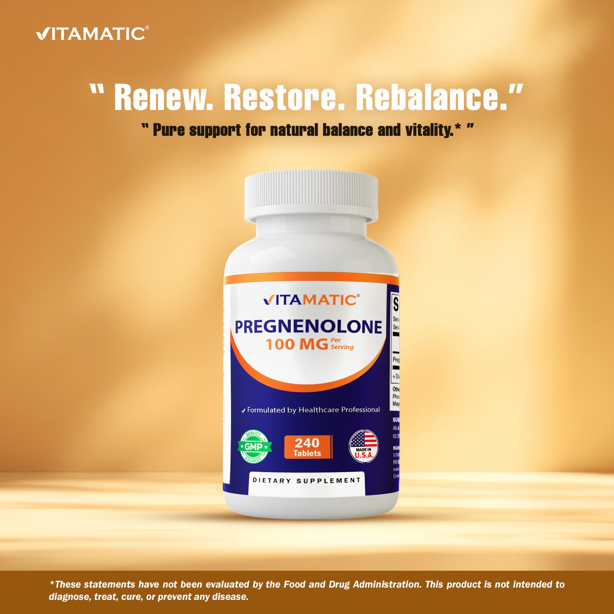 Vitamatic Pregnenolone bottle shows Made in USA designation