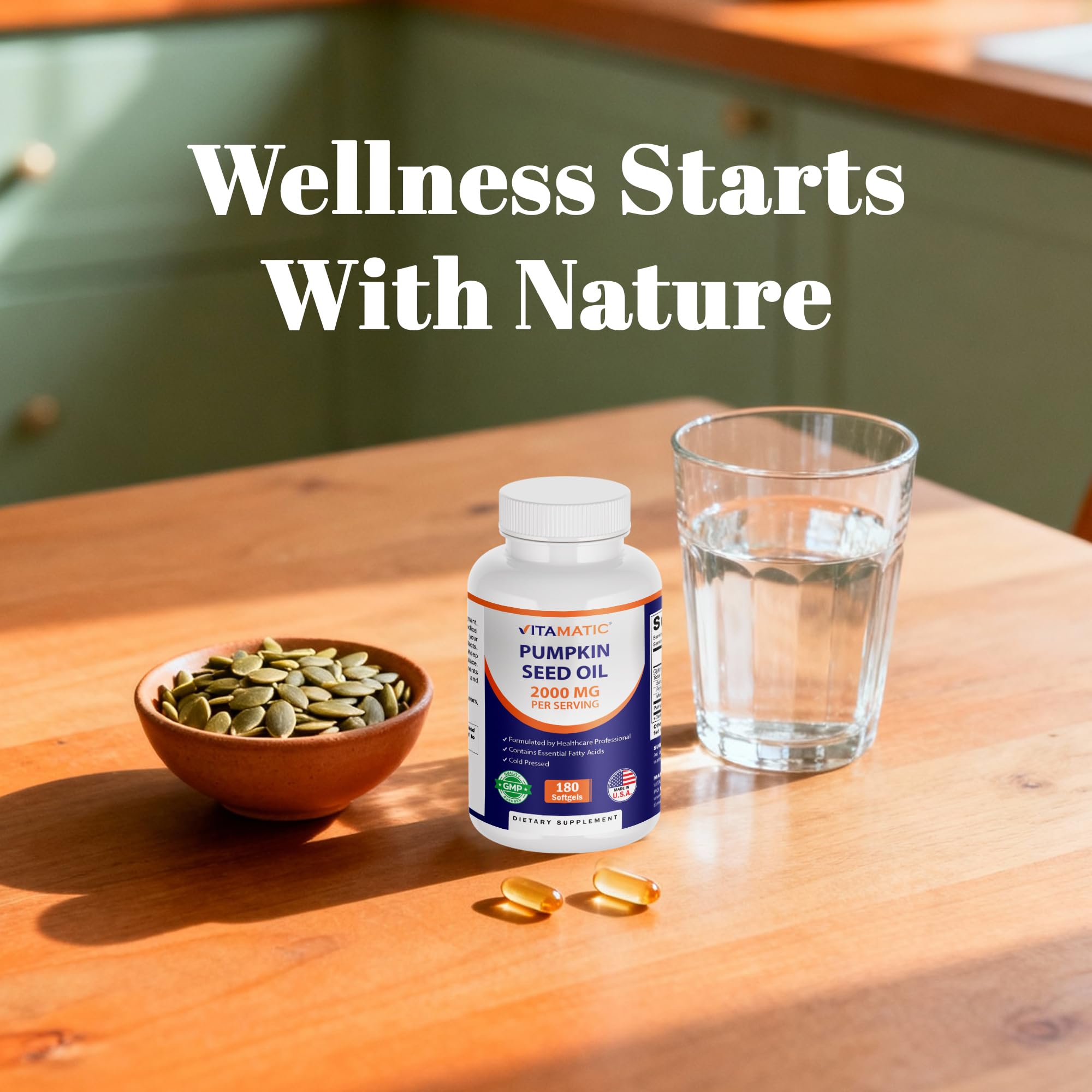 Pour shot of Vitamatic pumpkin seed oil bottle ready for daily routine.
