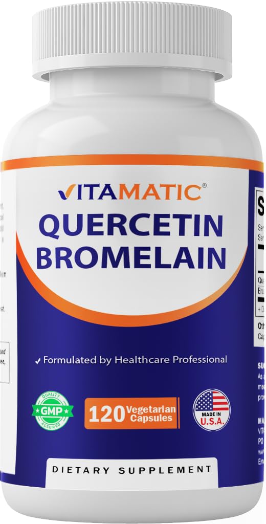 Vitamatic Quercetin with Bromelain bottle front shows non-GMO, gluten-free capsules.
