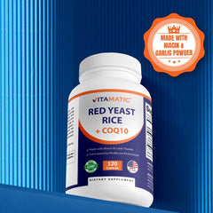 Vitamatic Red Yeast Rice garlic powder capsules in a clear bottle