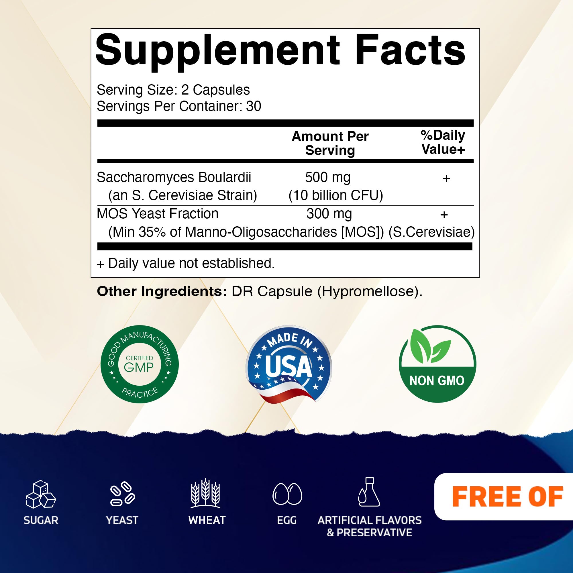 Vitamatic Saccharomyces Boulardii capsules closeup for probiotic form.