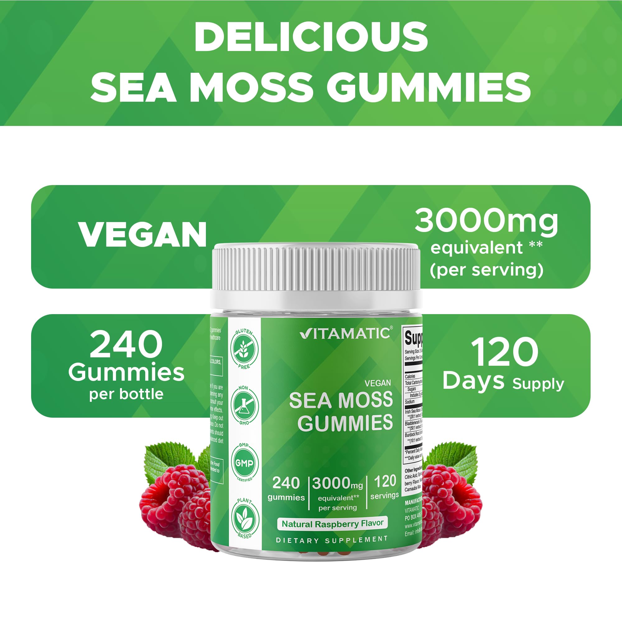 Packaging shows vegan-friendly, gluten-free, non-GMO attributes.