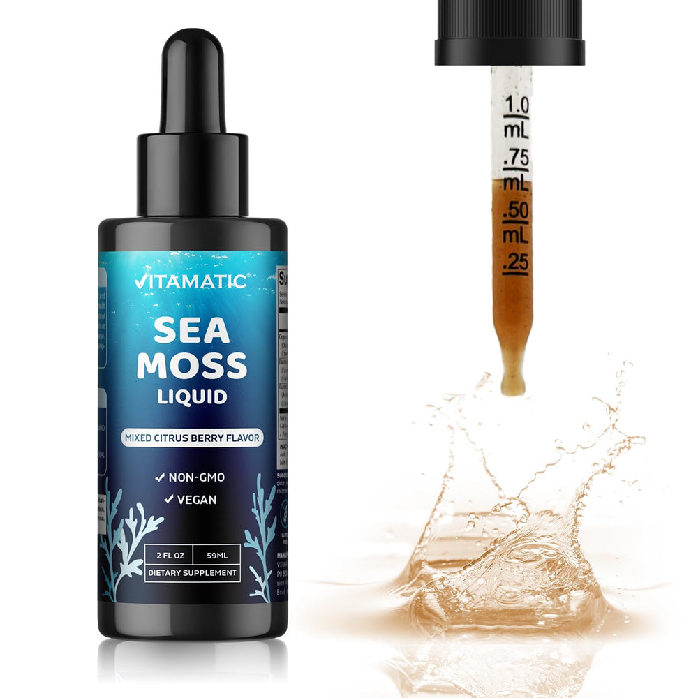 Vitamatic Sea Moss Liquid with bladderwrack and burdock root ingredients.