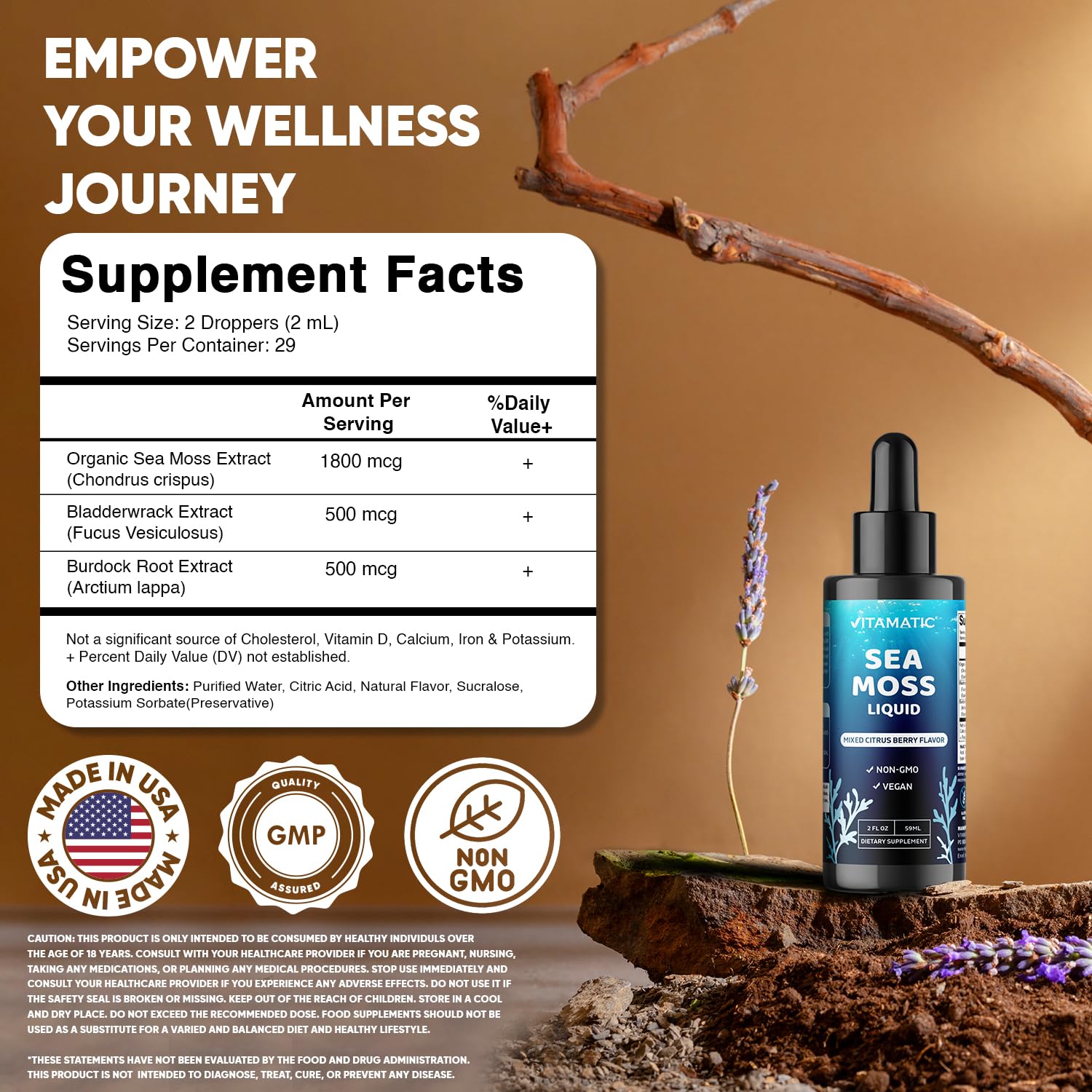 Vitamatic Sea Moss Liquid front label showing 2800 mg per serving.
