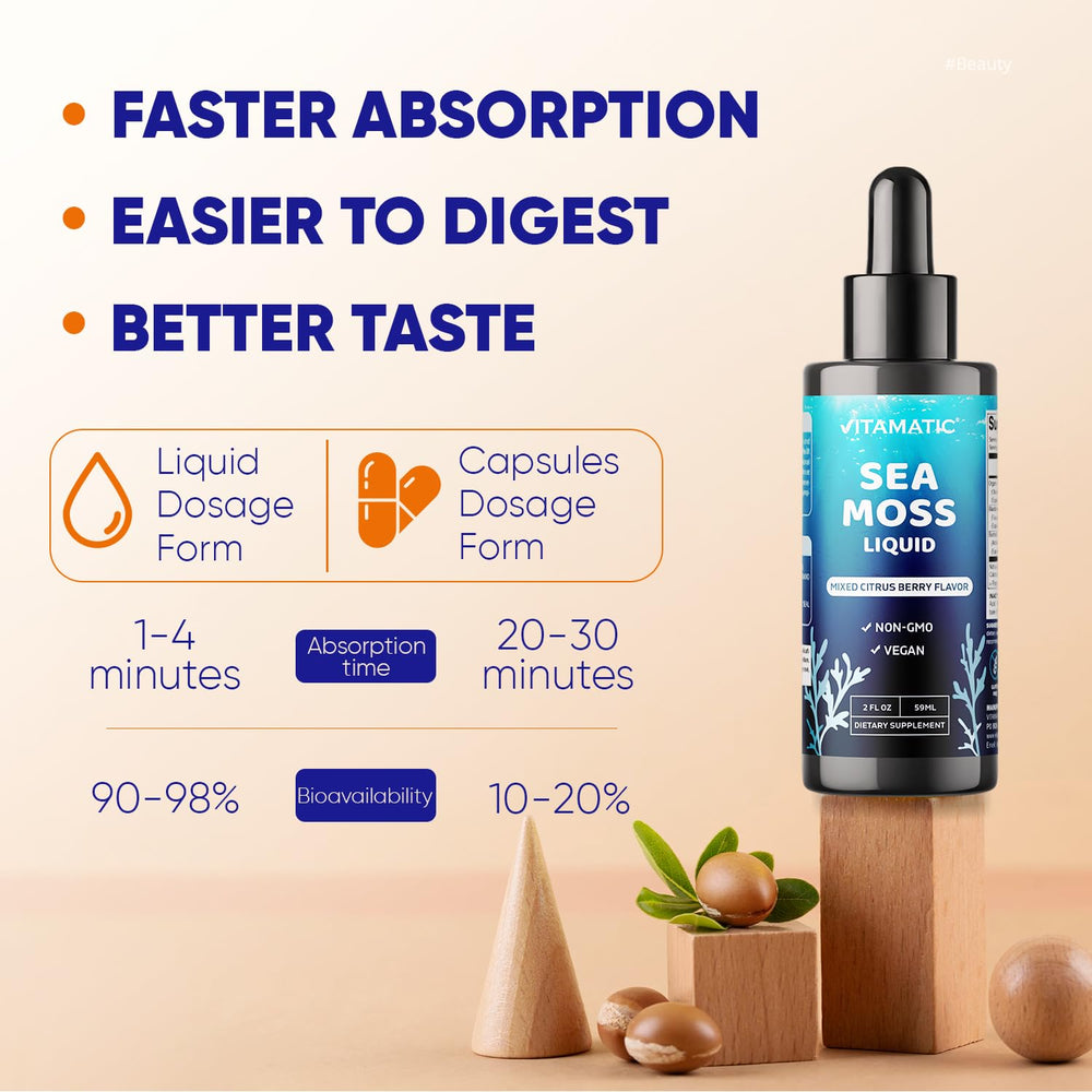 Vitamatic Sea Moss Liquid drops poured into a glass.