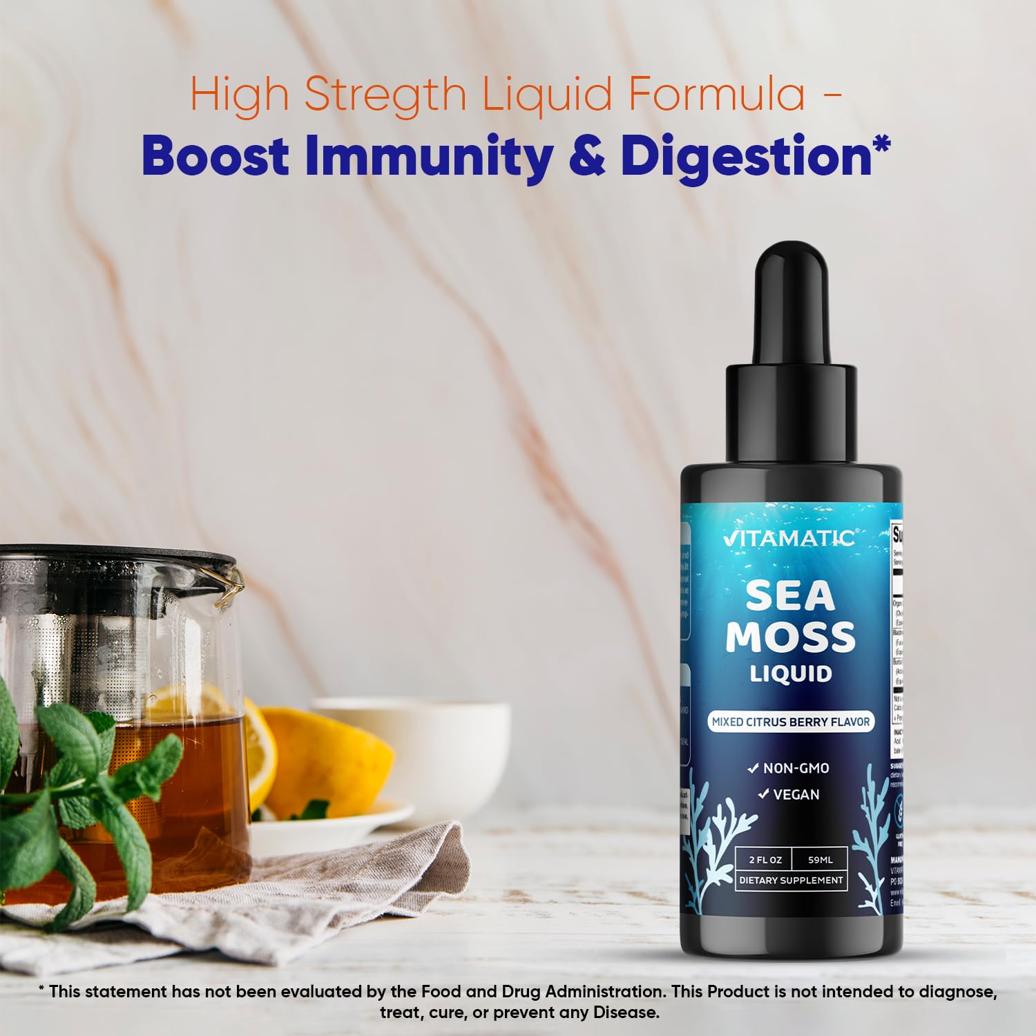 Vitamatic Sea Moss Liquid serving size 2800 mg visible on label.