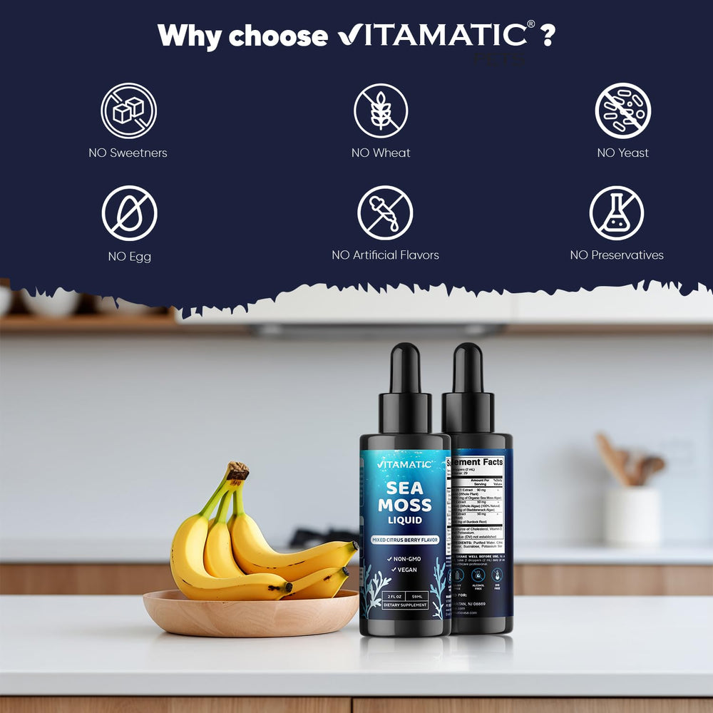 Vitamatic Sea Moss Liquid vegan formula on bottle.