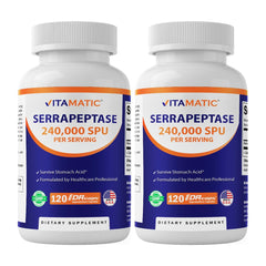 Vitamatic Serrapeptase bottle front shows enteric-coated capsules for stomach-friendly delivery