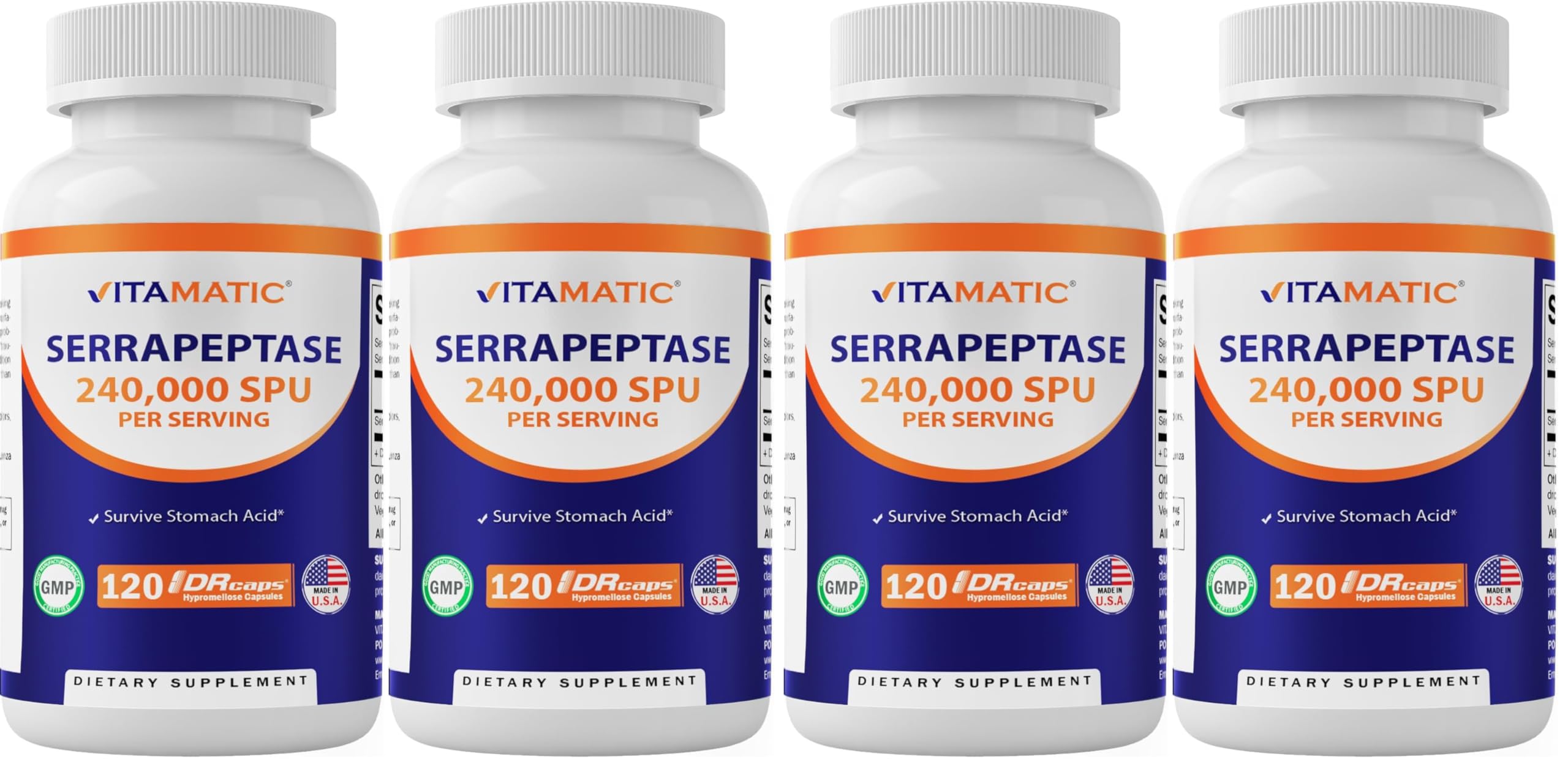 Vitamatic Serrapeptase bottle on white background for daily wellness support.