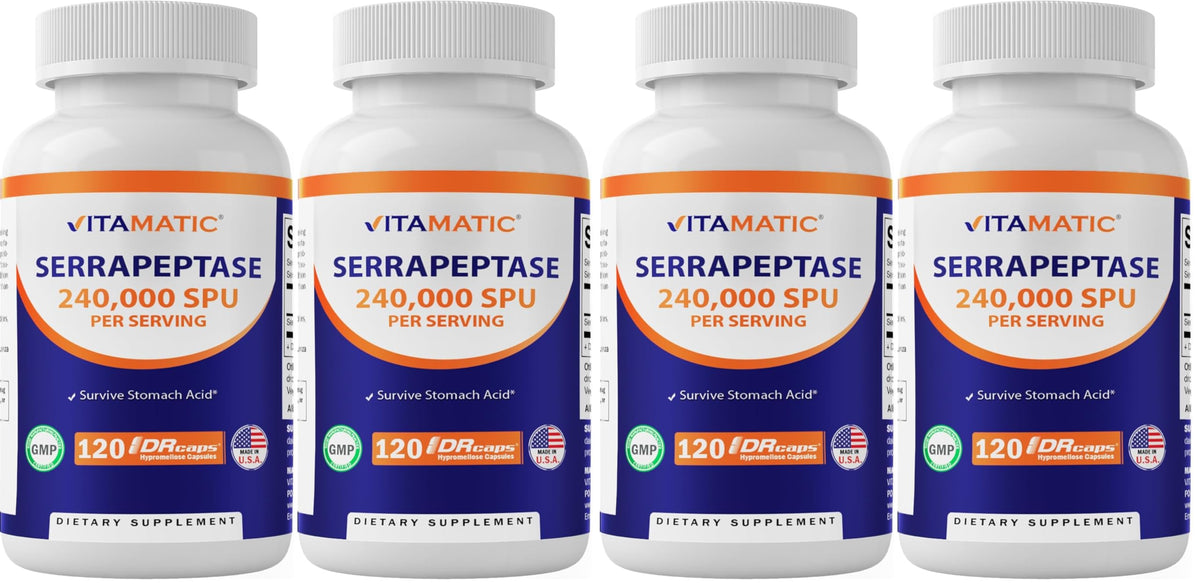 Vitamatic Serrapeptase bottle on white background for daily wellness support.