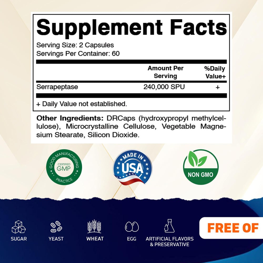 Vitamatic Serrapeptase capsules closeup highlights delayed-release capsules for sustained delivery