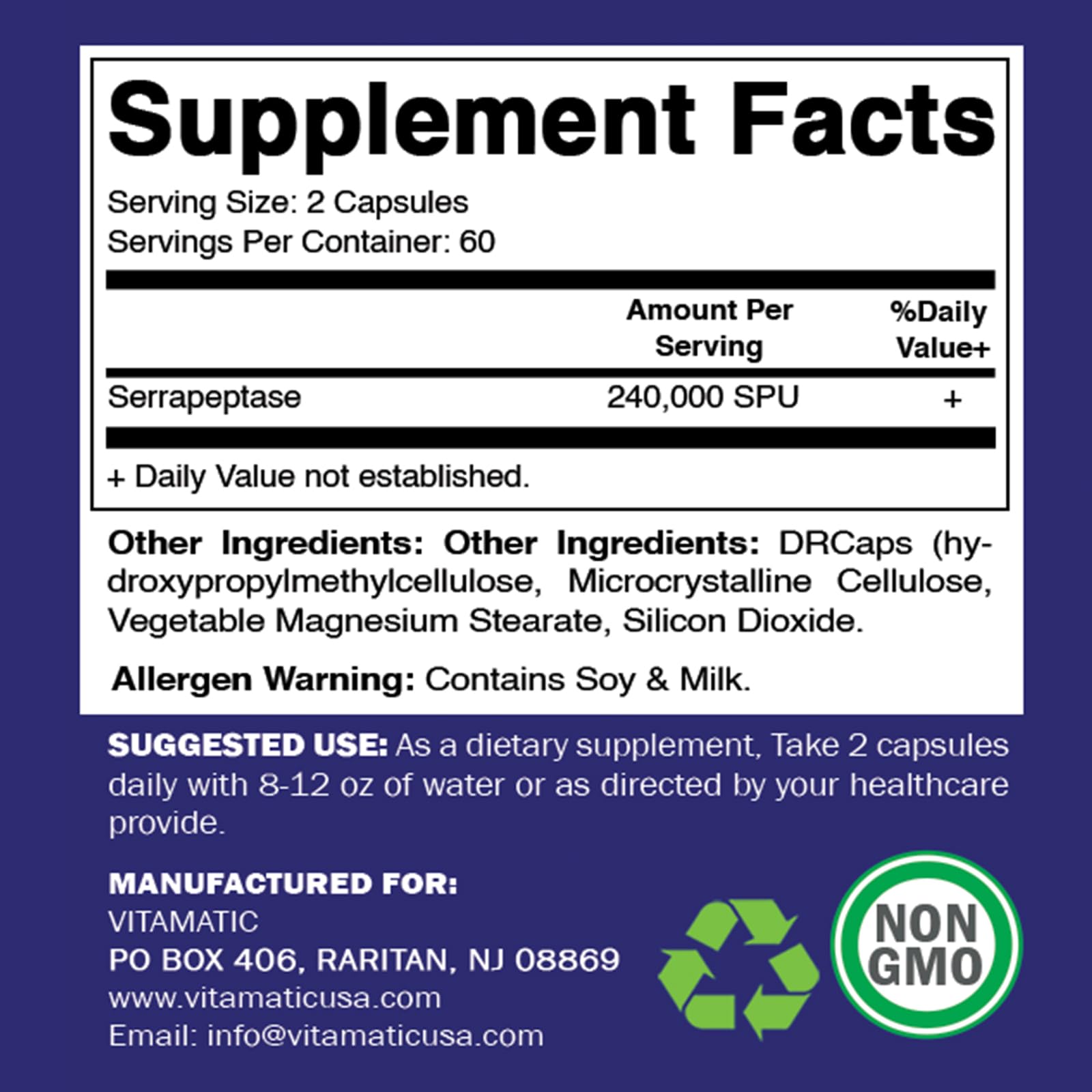 Vitamatic Serrapeptase capsules in bottle illustrating easy supplementation.