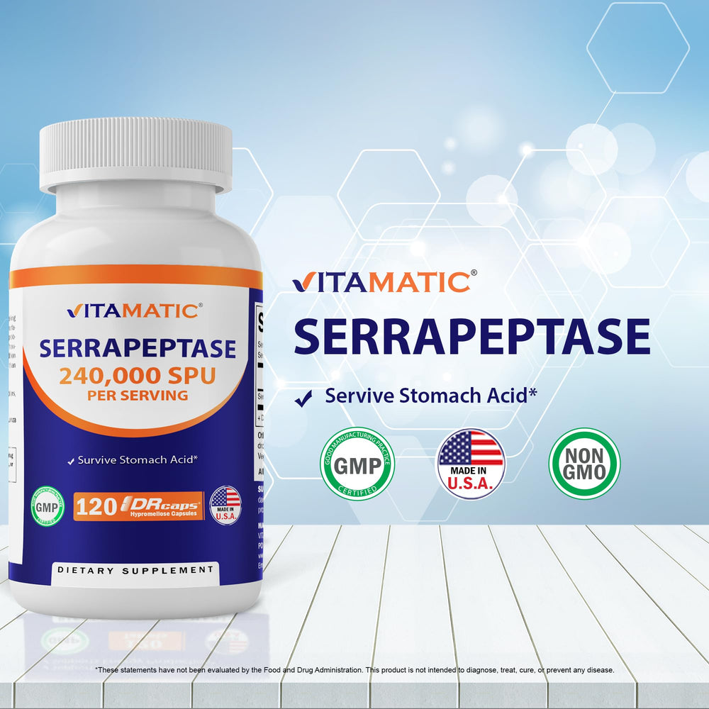 Vitamatic Serrapeptase capsule close-up showing enteric coating for gut protection.