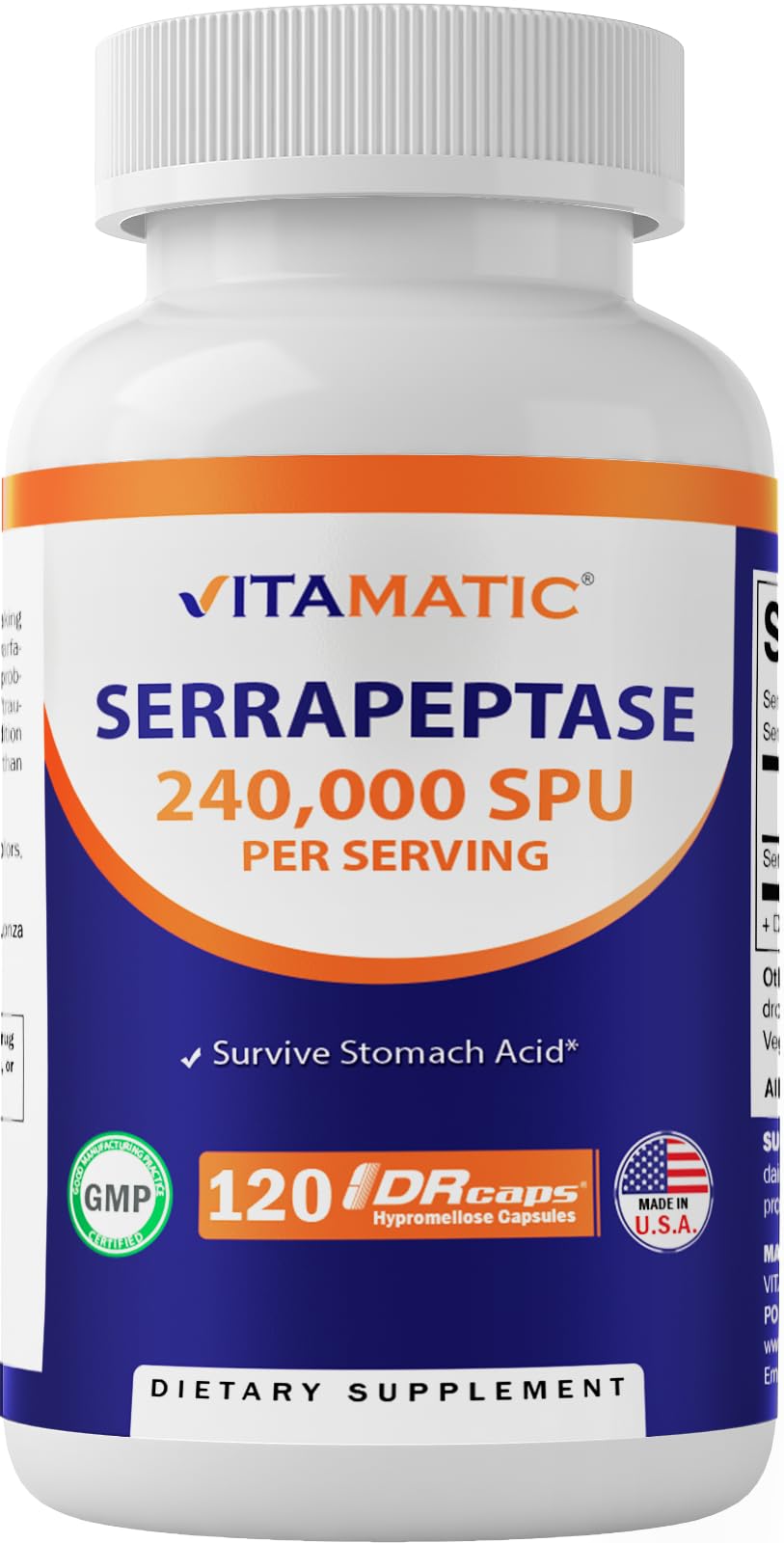 Vitamatic Serrapeptase Made in USA badge on label conveys trusted manufacturing.