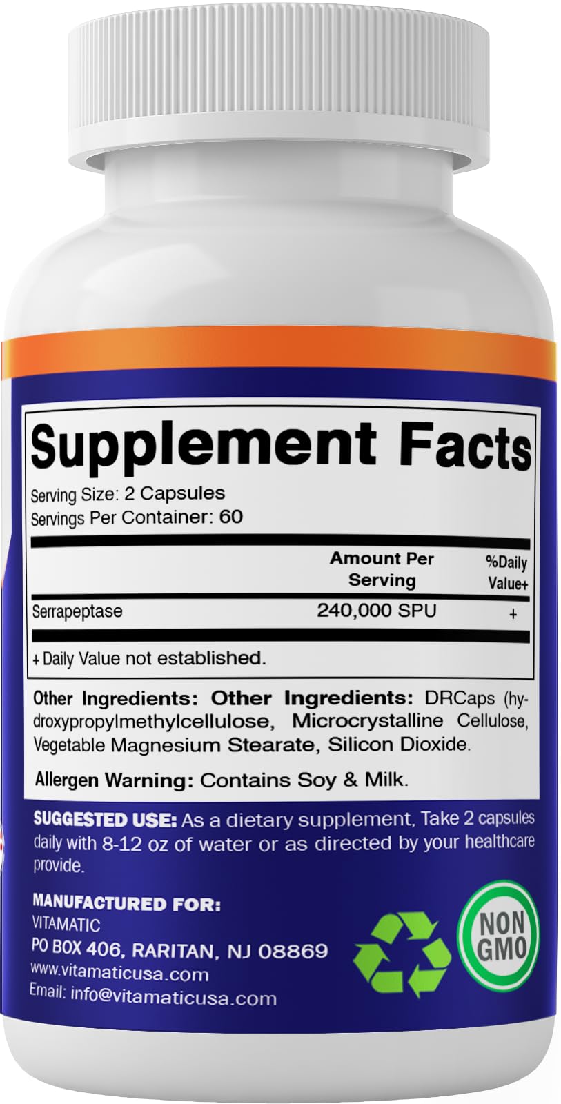 Vitamatic Serrapeptase packaging box signaling premium, non-GMO quality.
