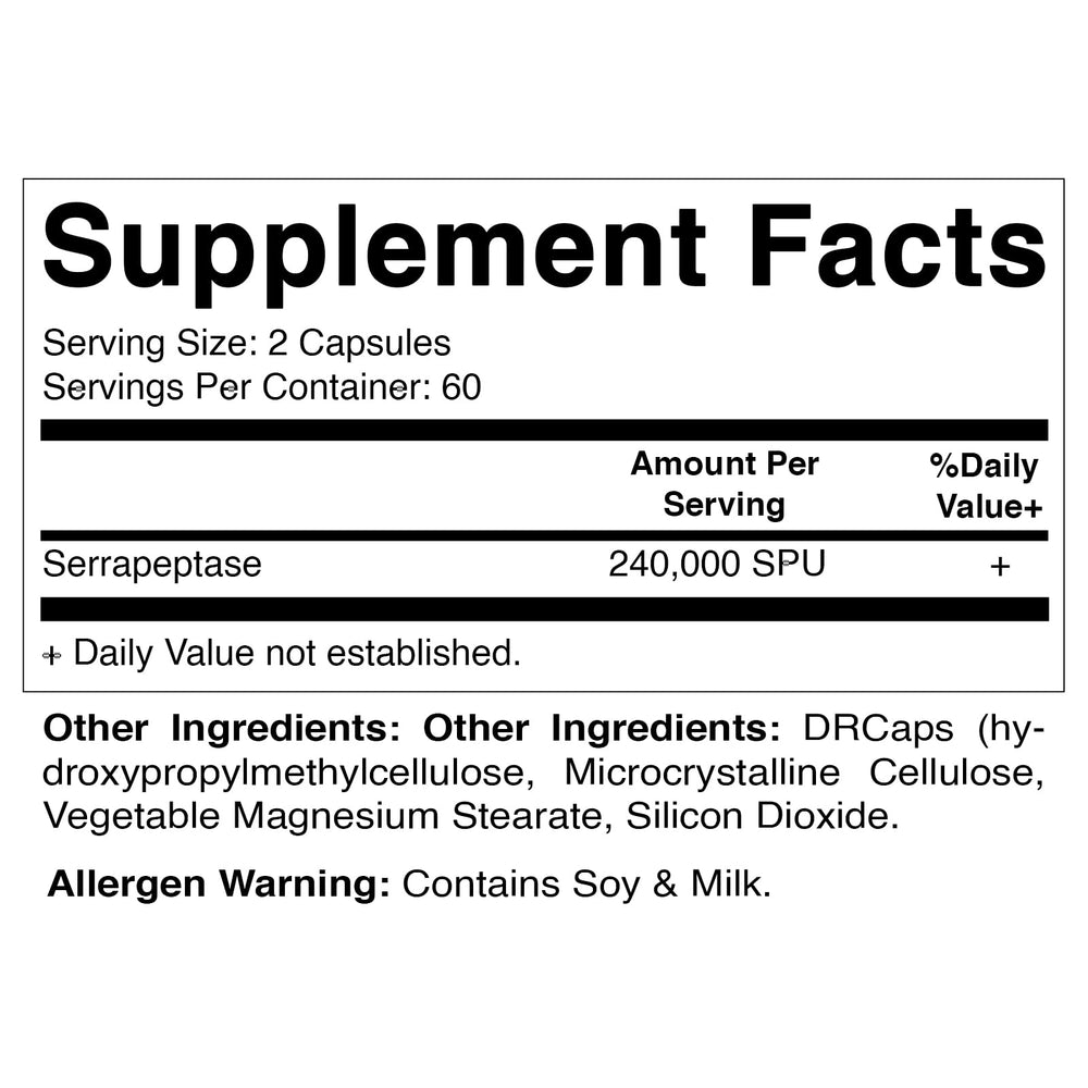 Vitamatic Serrapeptase supplement facts back panel supports informed usage.