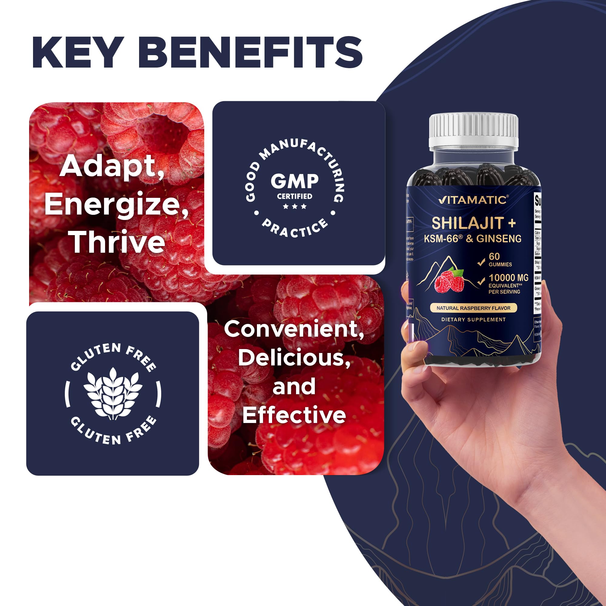 Vitamatic Shilajit bottle on wood backdrop conveys USA-made quality
