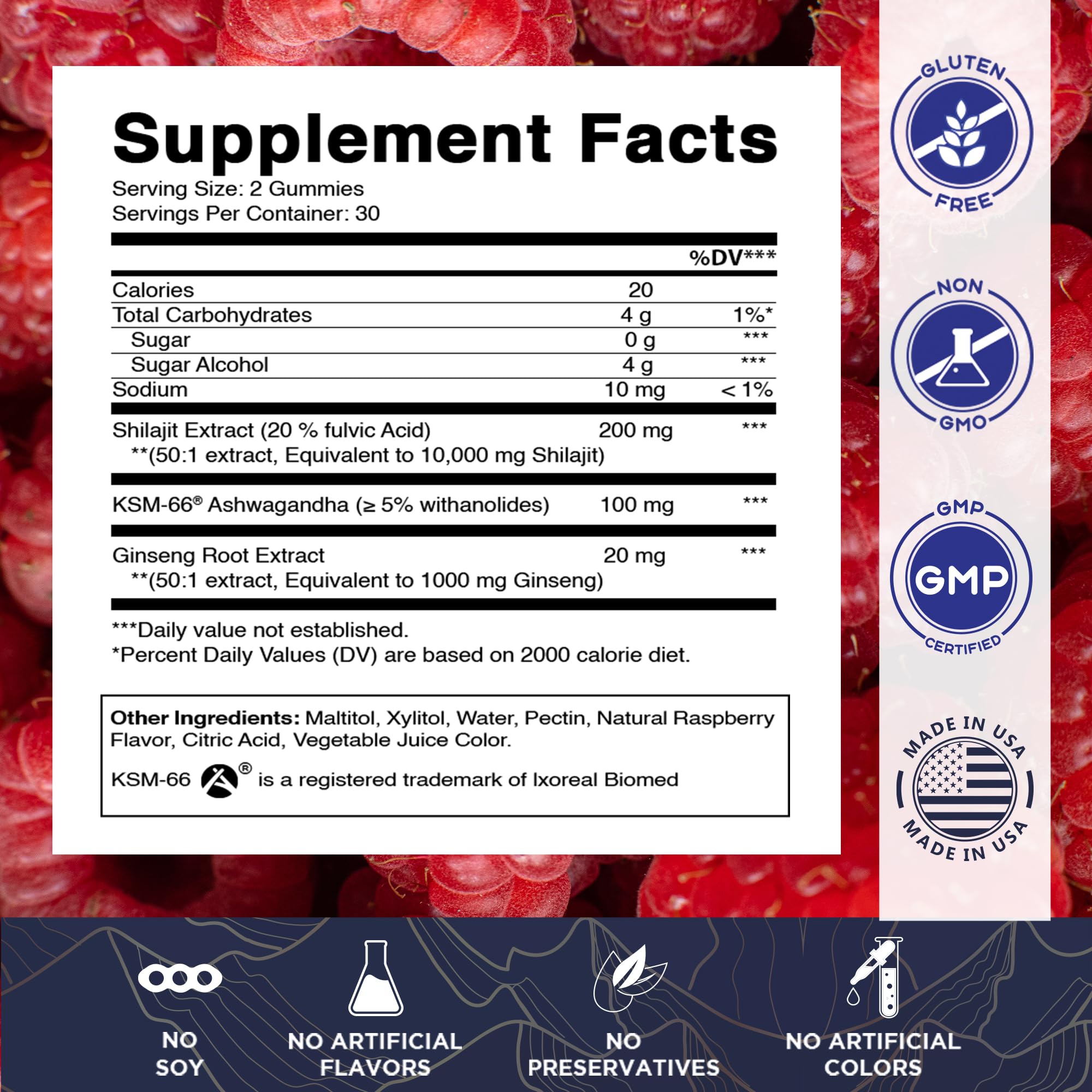 Vitamatic Shilajit gummies closeup emphasizes raspberry flavor and vitality formula