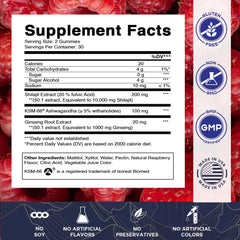 Vitamatic Shilajit gummies closeup emphasizes raspberry flavor and vitality formula