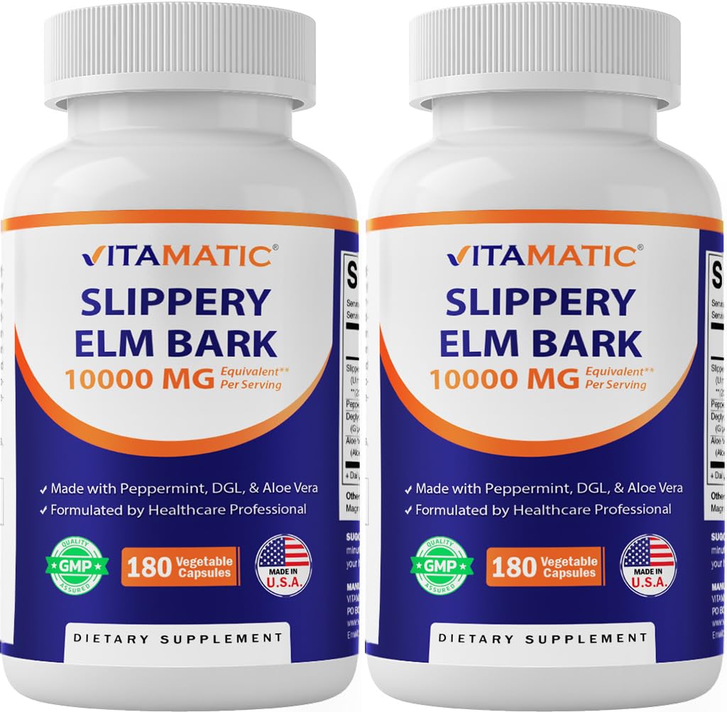 Vitamatic Slippery Elm Bark bottle front with 180 capsules for GI support.