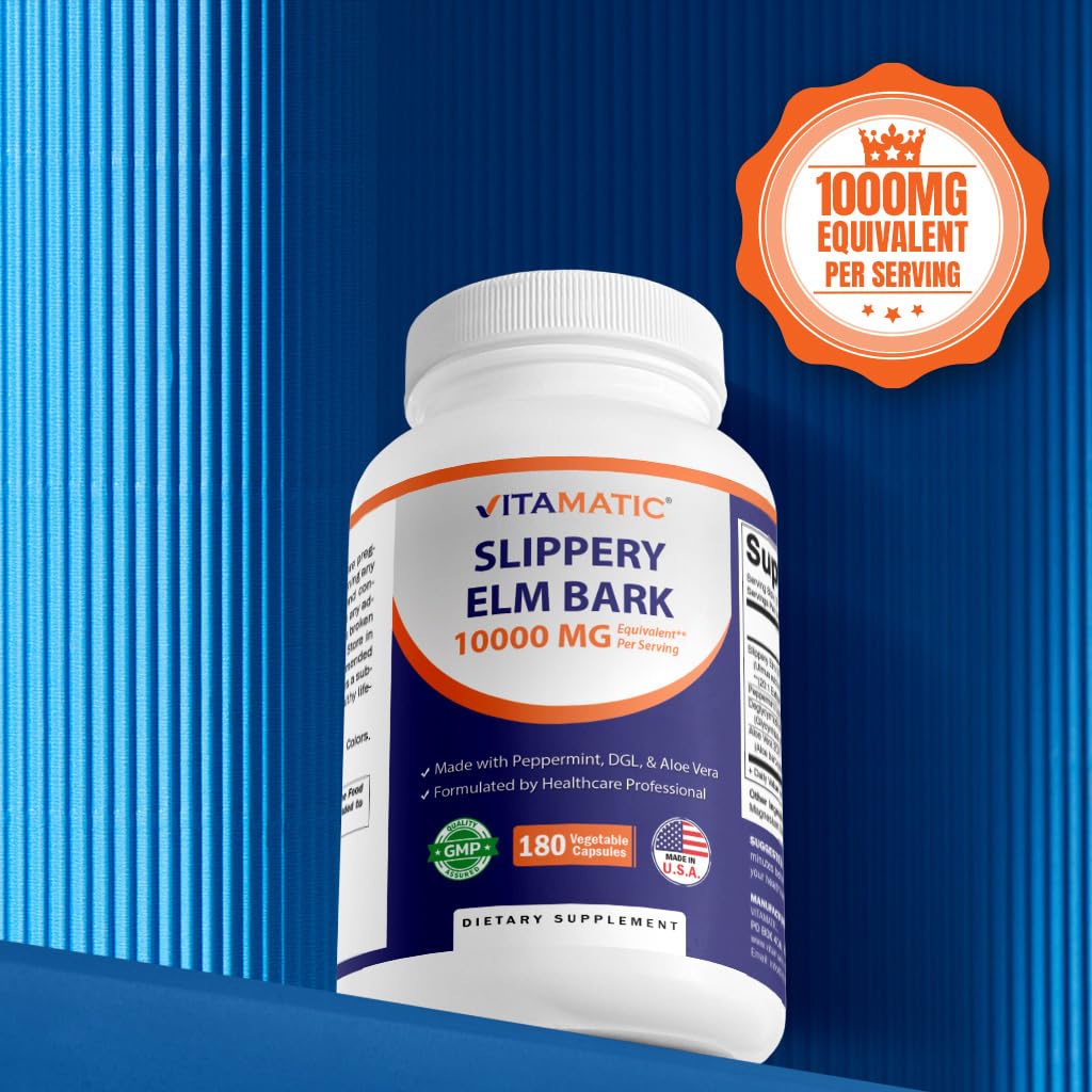 Vitamatic Slippery Elm Bark ingredients list with peppermint and Aloe Vera extract.