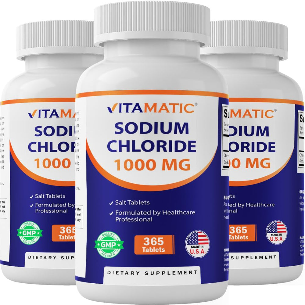 Vitamatic Sodium Chloride 1000mg tablets in bottle closeup for hydration support