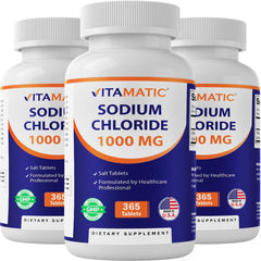 Vitamatic Sodium Chloride 1000mg tablets in bottle closeup for hydration support