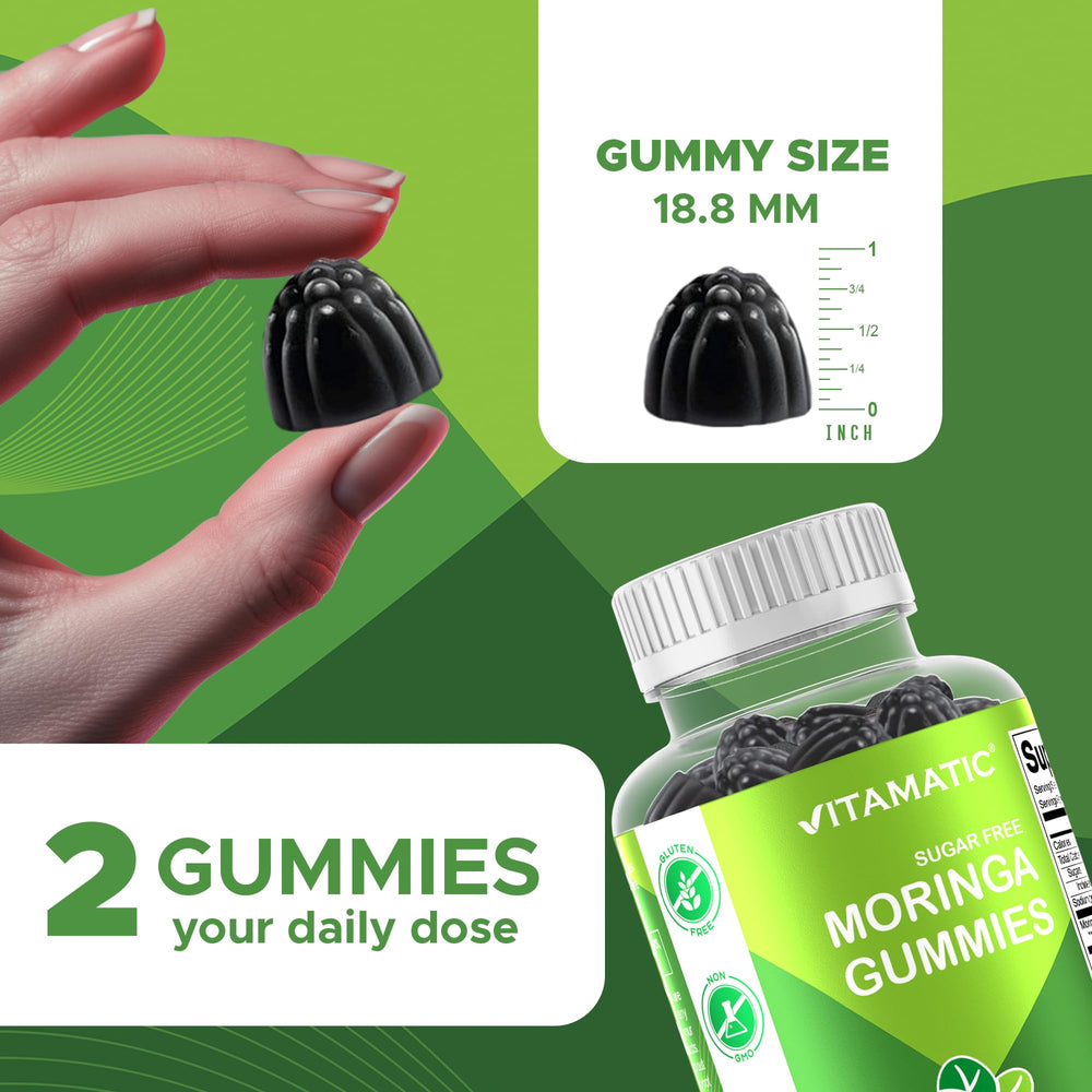 Vitamatic Moringa Gummies orange flavor offering a refreshing, sugar-free treat.