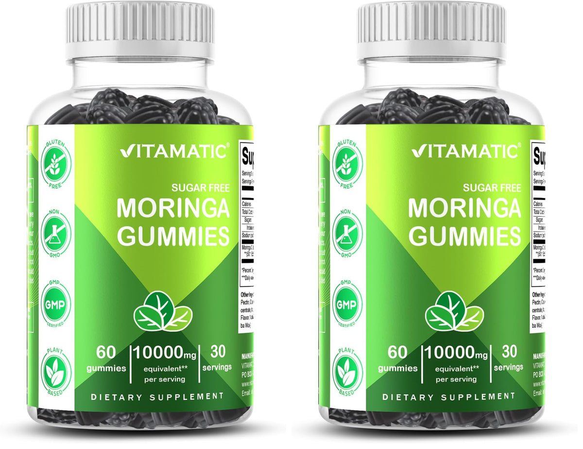 Vitamatic Sugar Free Moringa Gummies peach flavor for a tasty vegan snack.