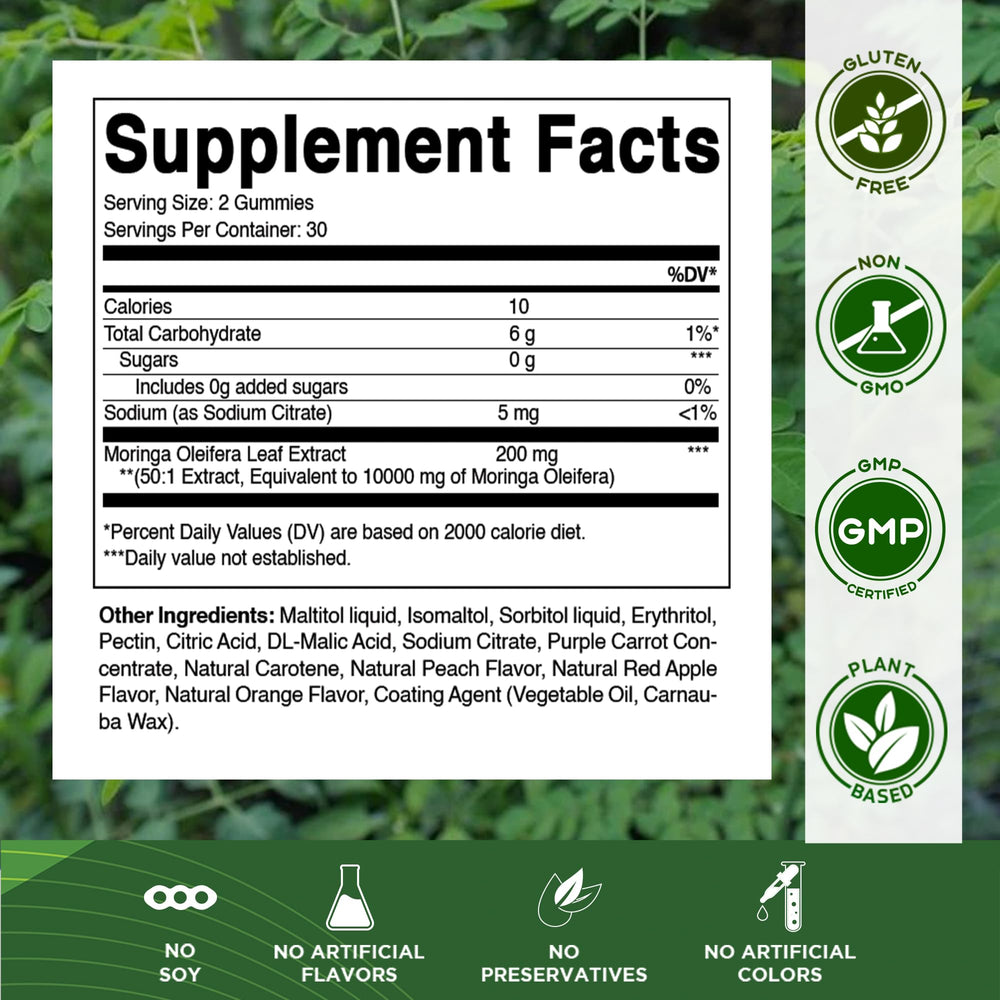 Vitamatic Moringa Gummies red apple flavor with a chewy plant-based option.
