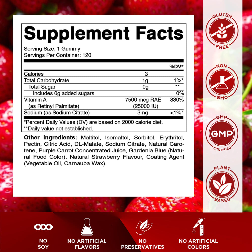 Vitamatic Vitamin A gummies bottle back with nutrition panel.