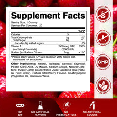 Vitamatic Vitamin A gummies bottle back with nutrition panel.