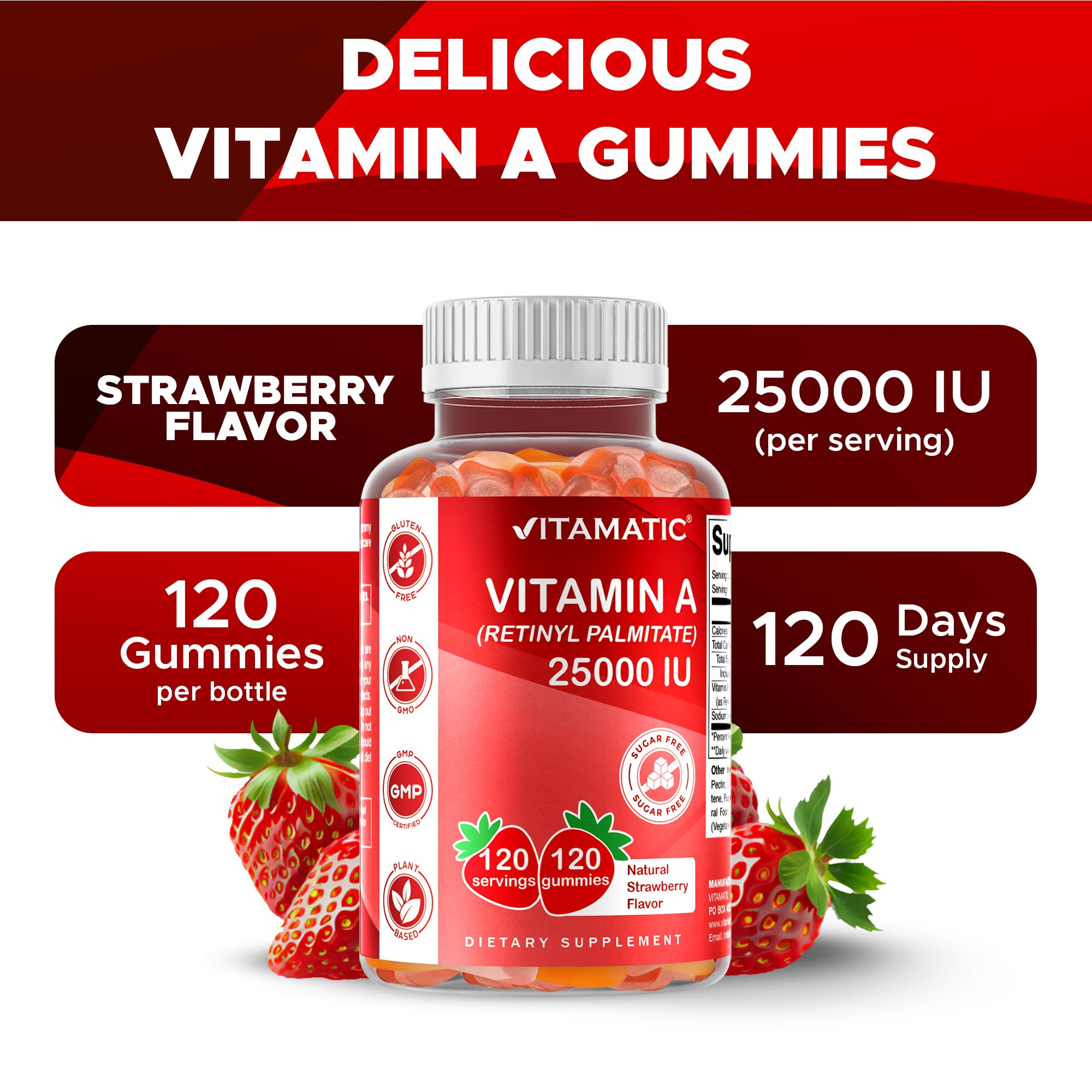Vitamatic Vitamin A gummies close-up of strawberry gummy.