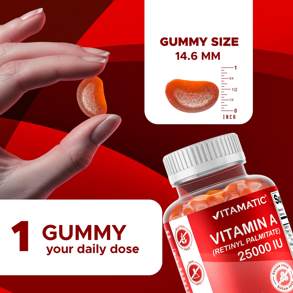 Vitamatic Vitamin A gummies jar open showing 120 vegan gummies.